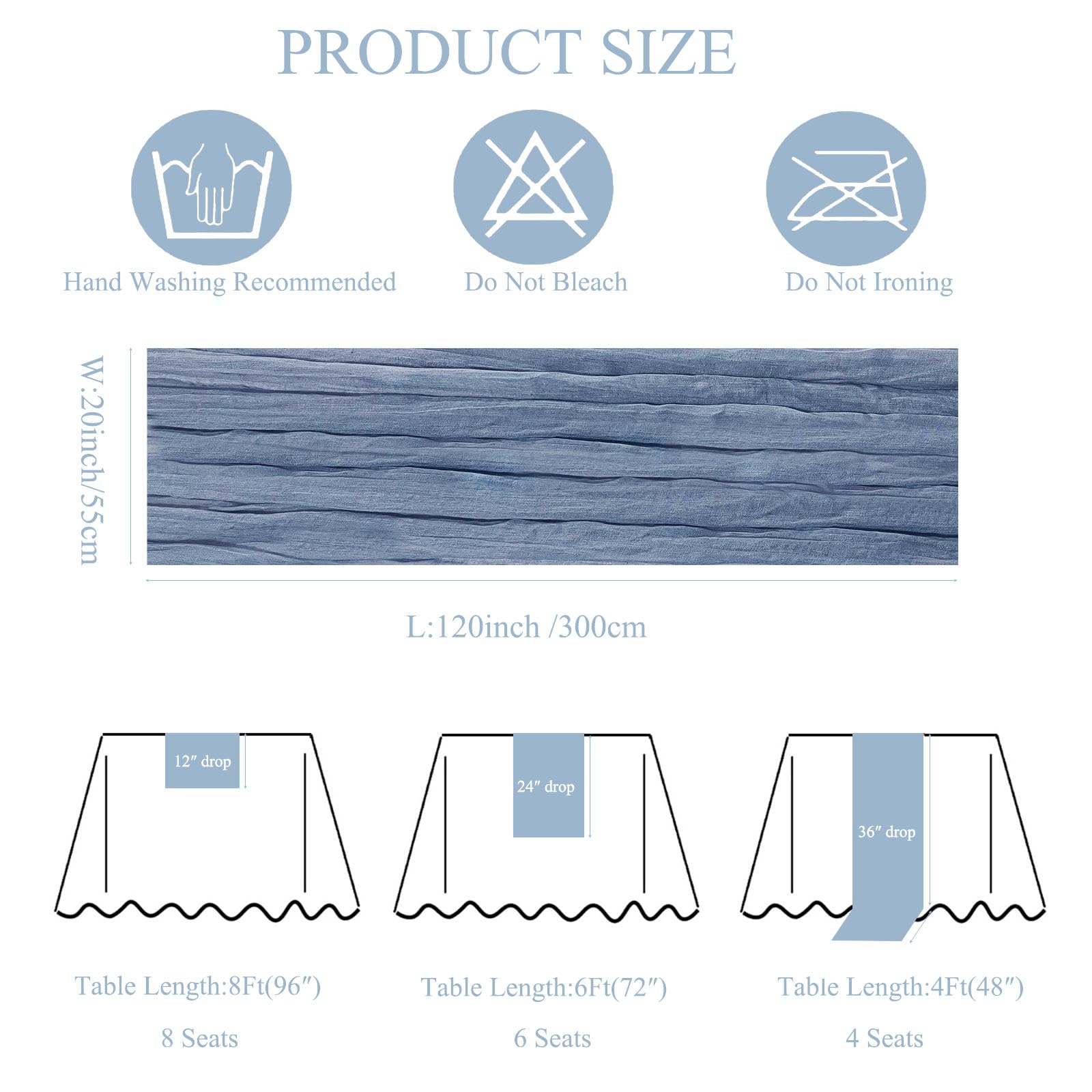 Seveups dusty blue cheesecloth table runner draped look ideal for parties.