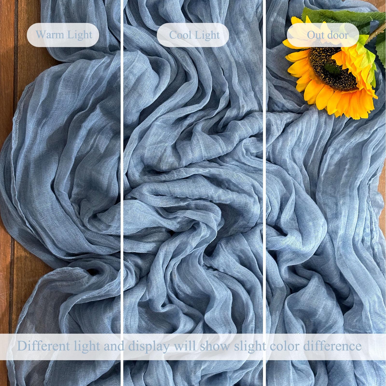 Seveups dusty blue cheesecloth table runner holiday setup enhances ambiance.
