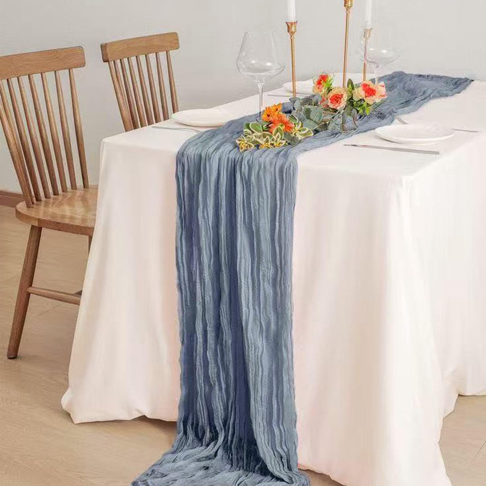 Seveups dusty blue cheesecloth table runner wrinkle texture close-up for refined decor.