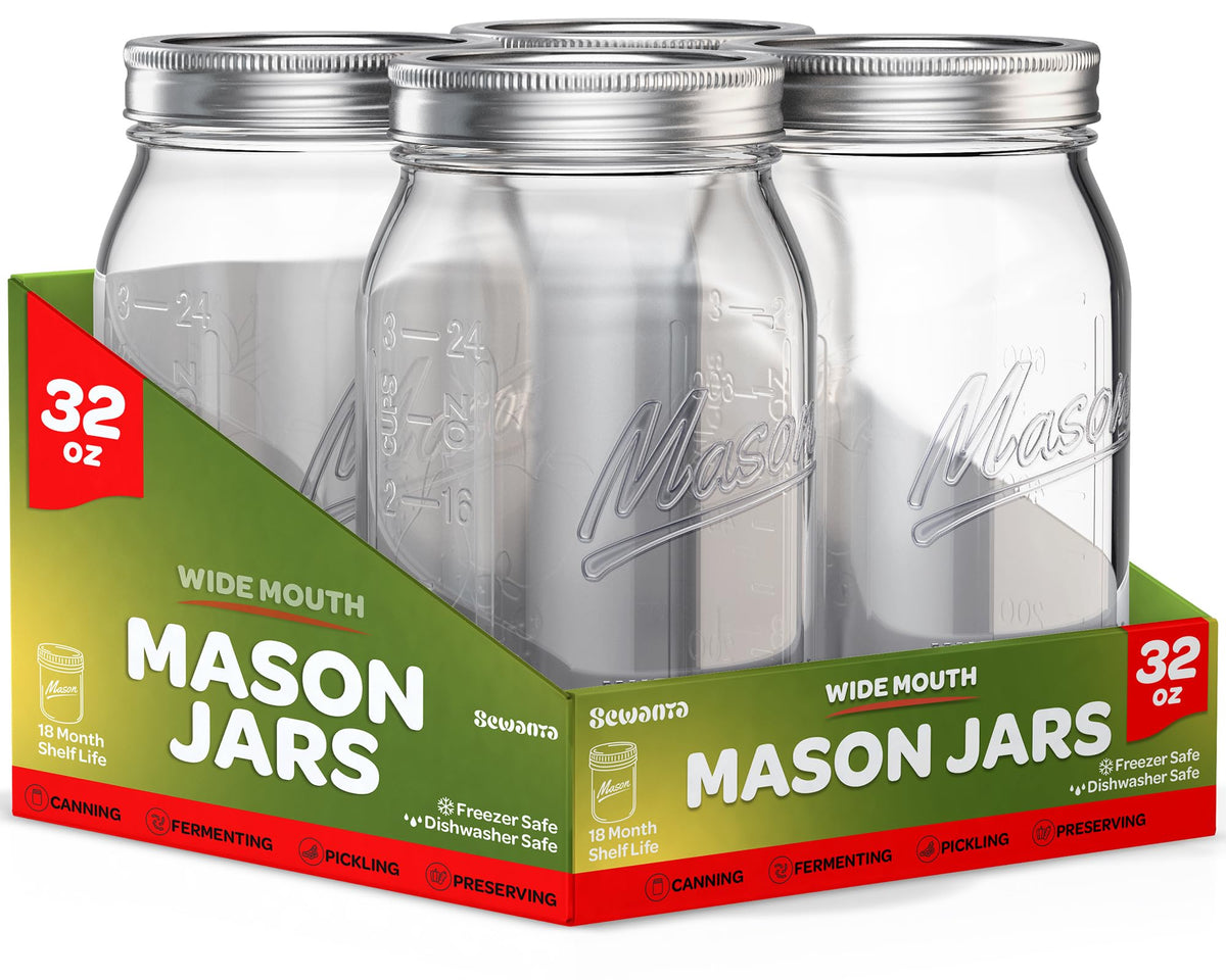 SEWANTA 32 oz wide-mouth mason jar four-pack ready for canning and storage