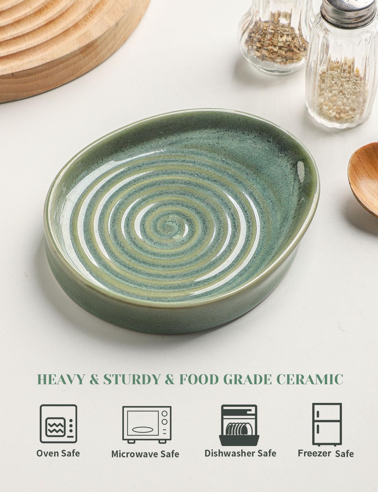 Glazed green Seyatoo rest adds a durable, lightweight touch to kitchens.