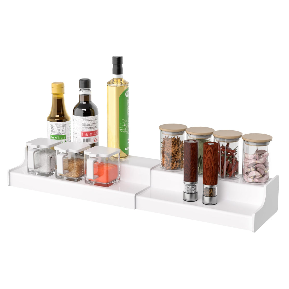 Sezanrpt expandable spice rack 2-tier display keeps jars organized and accessible.