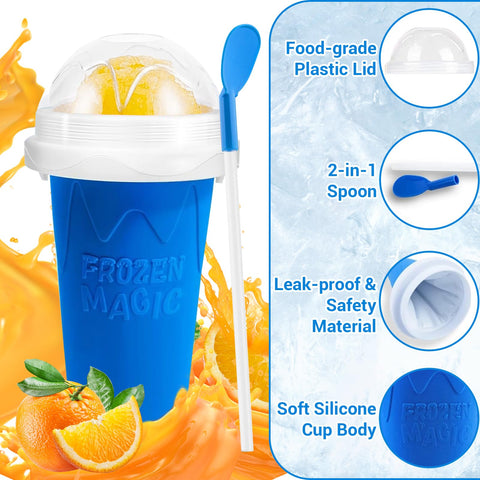 Sezau Slushie Cup press-to-make-slushie shows fast frosty texture with juice.