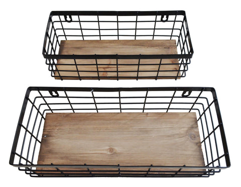 ShabbyDecor wall-mounted wire basket with wood base for kitchen or bathroom organization