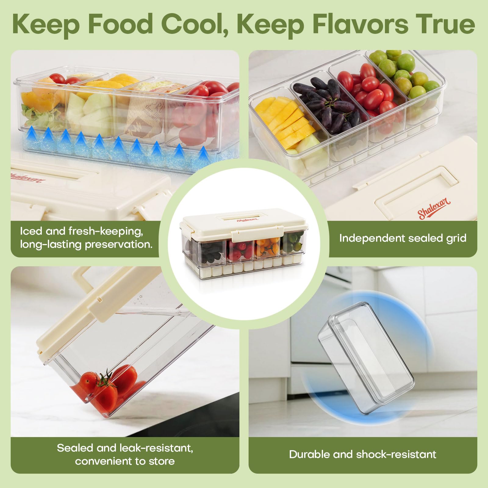Shaloxar vegetable tray shows compartments keeping veggies fresh while portable