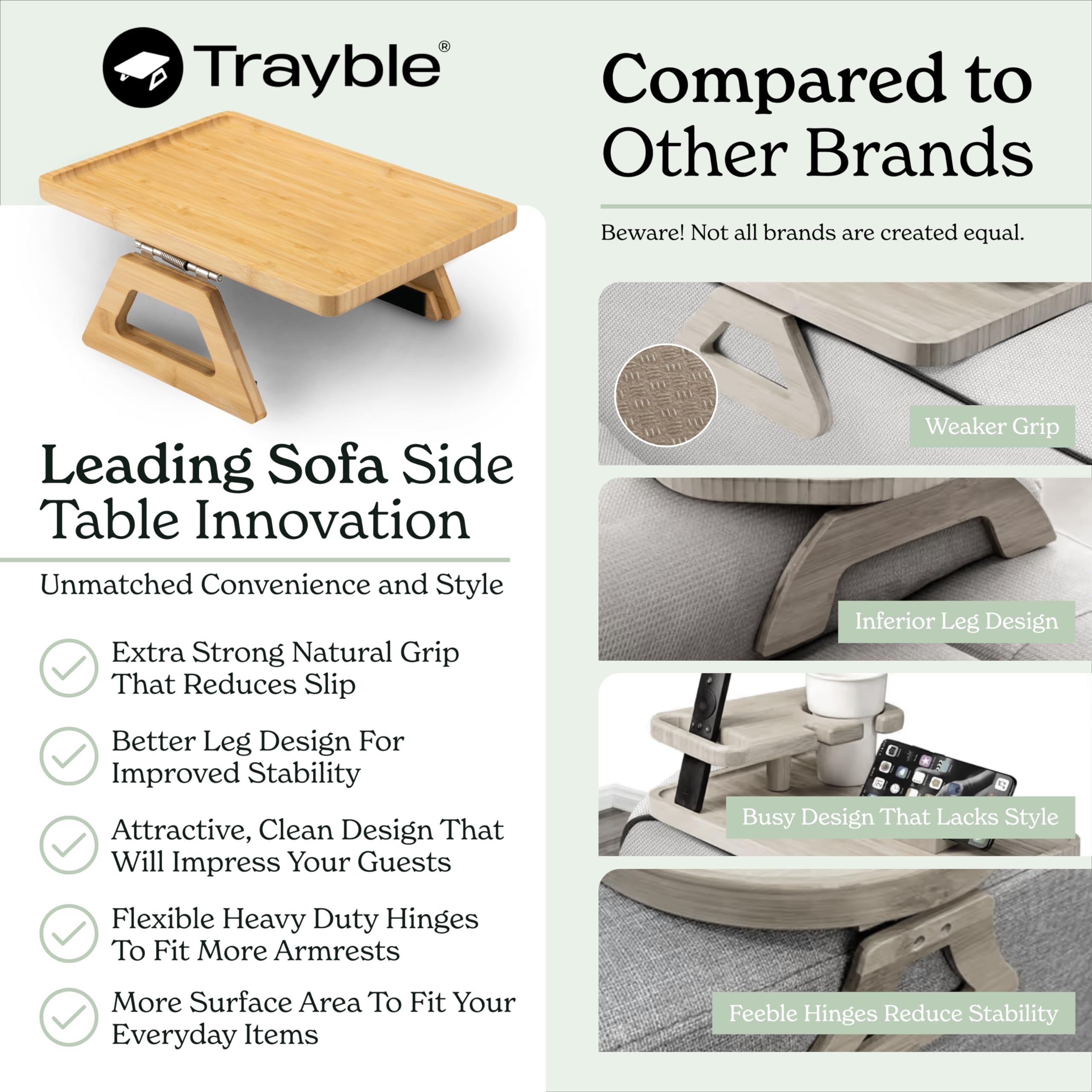 Shamrock Home Bamboo Trayble 14-inch arm grip fits many sofa arms
