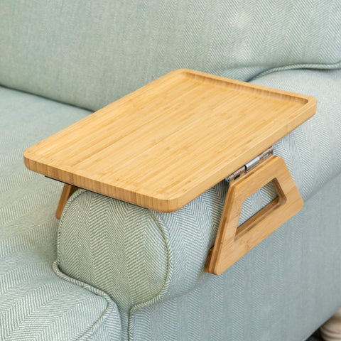 Shamrock Home Bamboo Trayble couch arm table side view showing stable surface