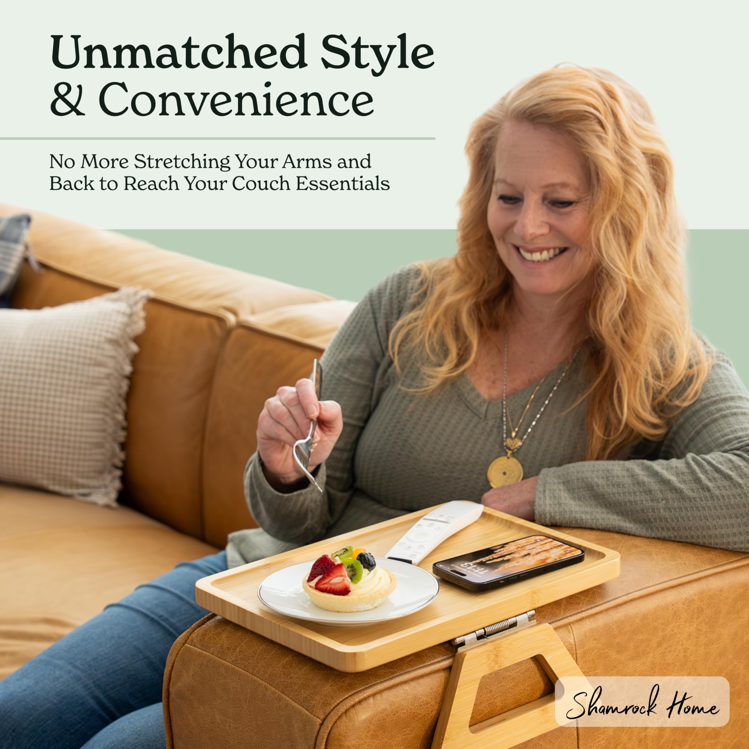 Shamrock Home Bamboo Trayble folded under couch for compact storage