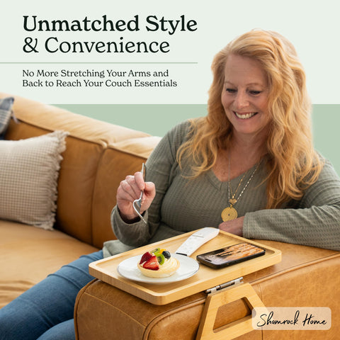Shamrock Home Bamboo Trayble folded under couch for compact storage