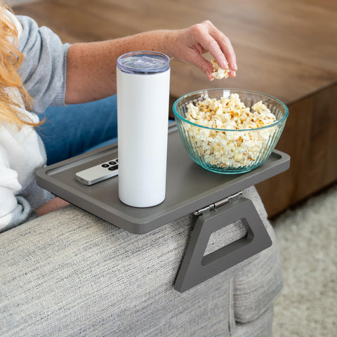 Shamrock Home clip-on tray secures to the sofa arm for convenient access.