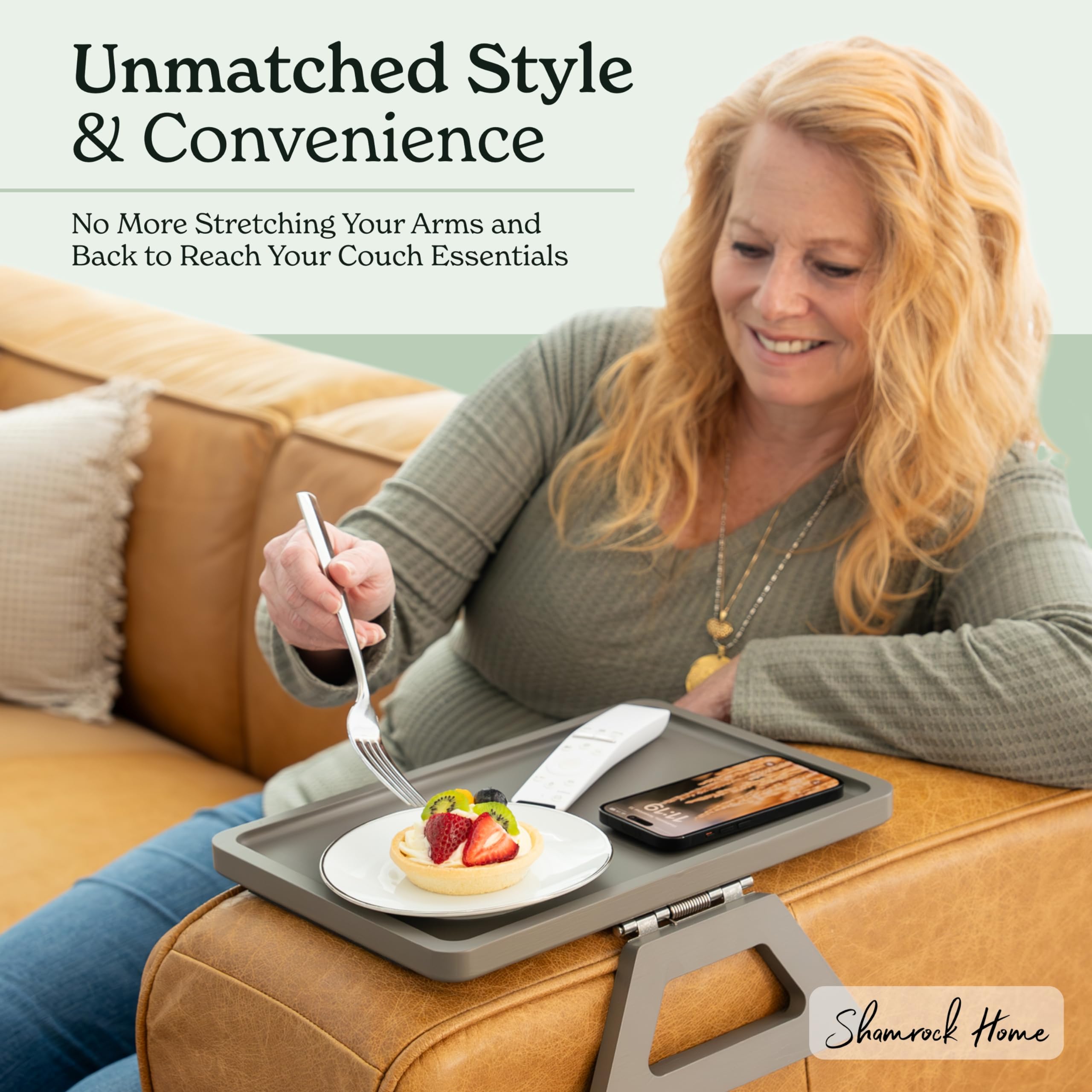 Shamrock Home Trayble accommodates a regular dinner plate while on the arm.