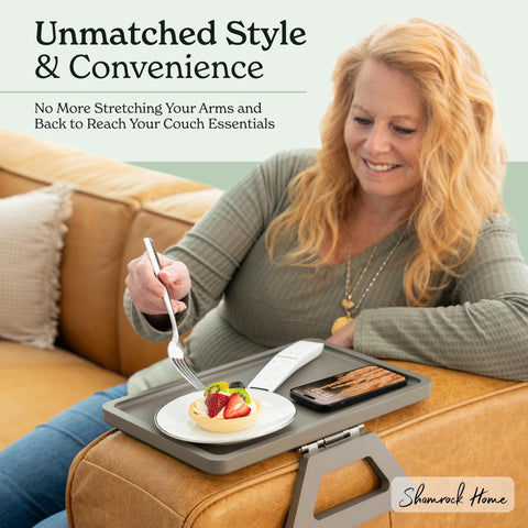 Shamrock Home Trayble accommodates a regular dinner plate while on the arm.