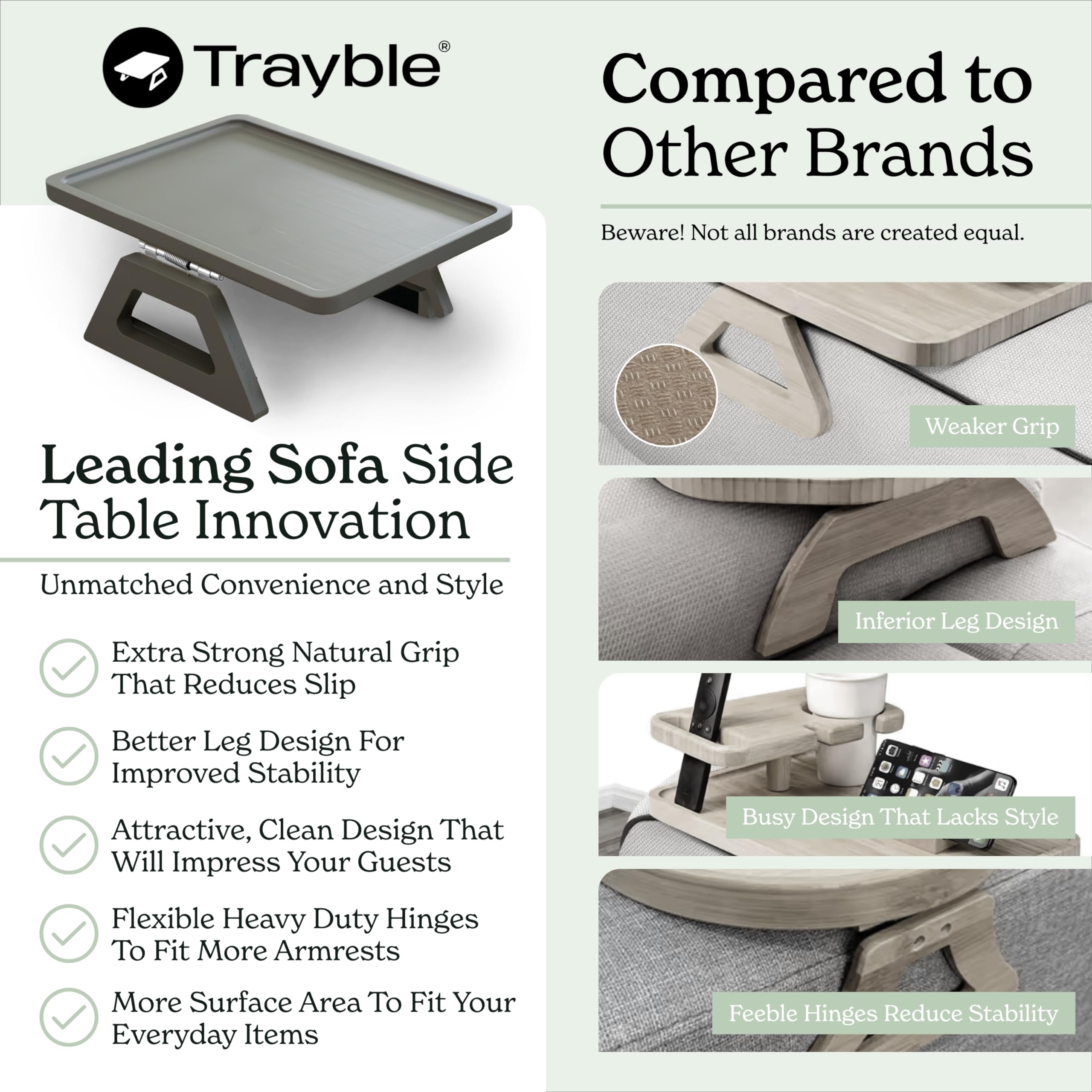 Shamrock Home Bamboo Trayble features friction-grip bottoms to prevent slipping.
