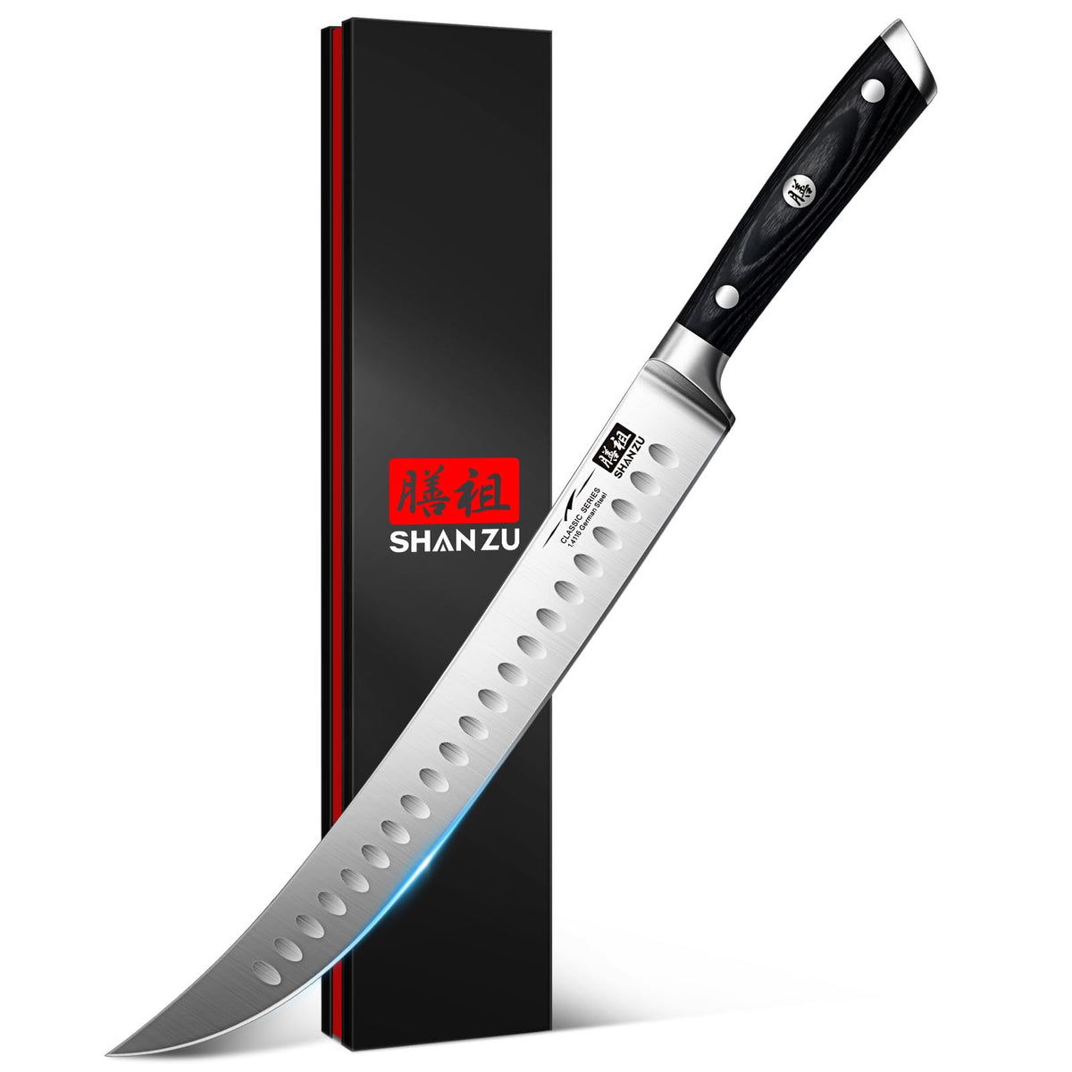 SHAN ZU 12-inch slicing knife blade close-up showing razor-sharp edge for precise carving.