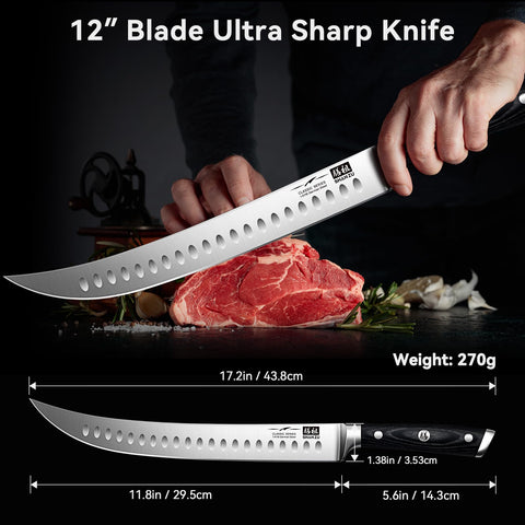 SHAN ZU 12-inch slicing knife full tang handle for balanced control during carving.