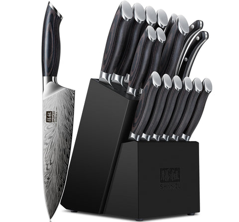 SHAN ZU 16-piece knife set with wooden block for organized kitchen prep