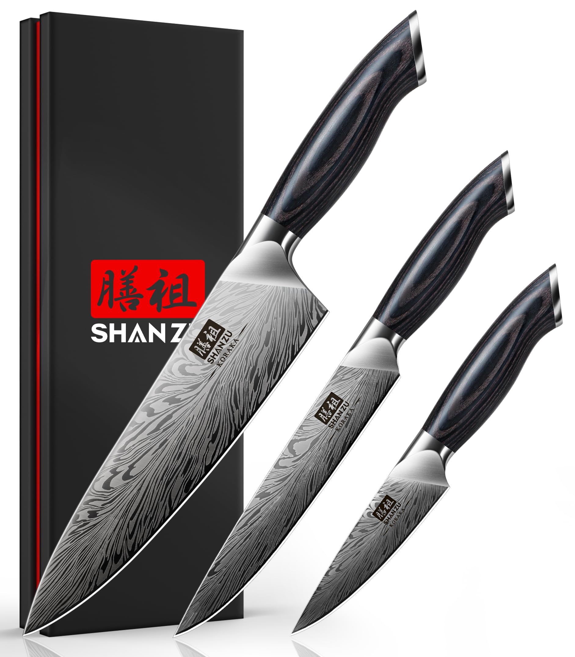 SHAN ZU 3-Piece Knife Set packaging, ideal for gifting and safe storage.