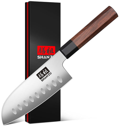 SHAN ZU 5in Santoku blade close-up showing sharp edge and high-carbon steel