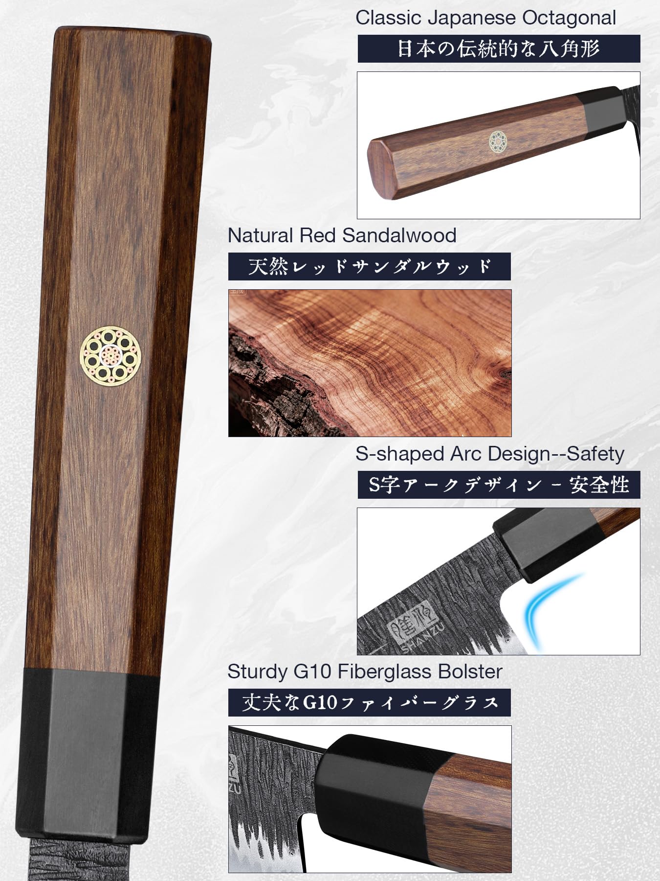 SHAN ZU 8-inch chef knife 9-layer cladding for resilience and stain resistance.