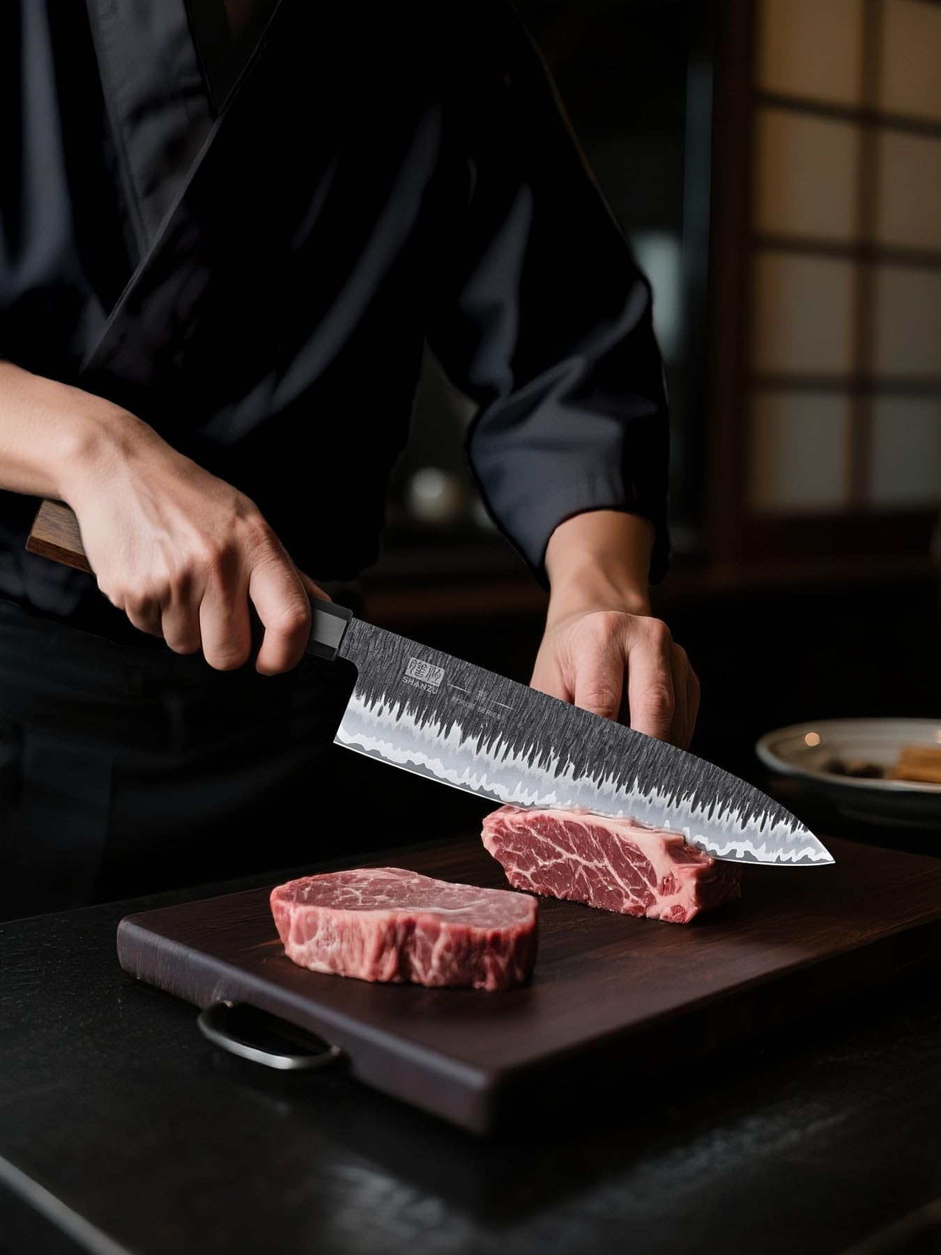 SHAN ZU 8-inch chef knife brass pin detail showcasing traditional craftsmanship.