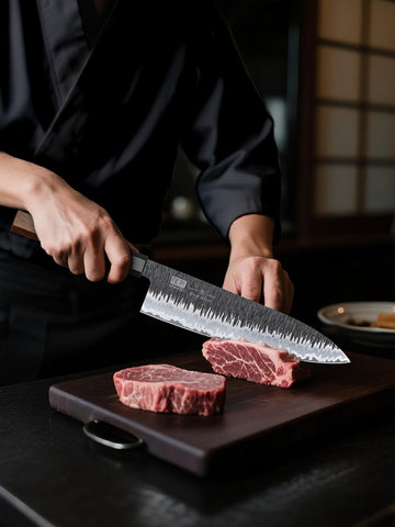 SHAN ZU 8-inch chef knife brass pin detail showcasing traditional craftsmanship.