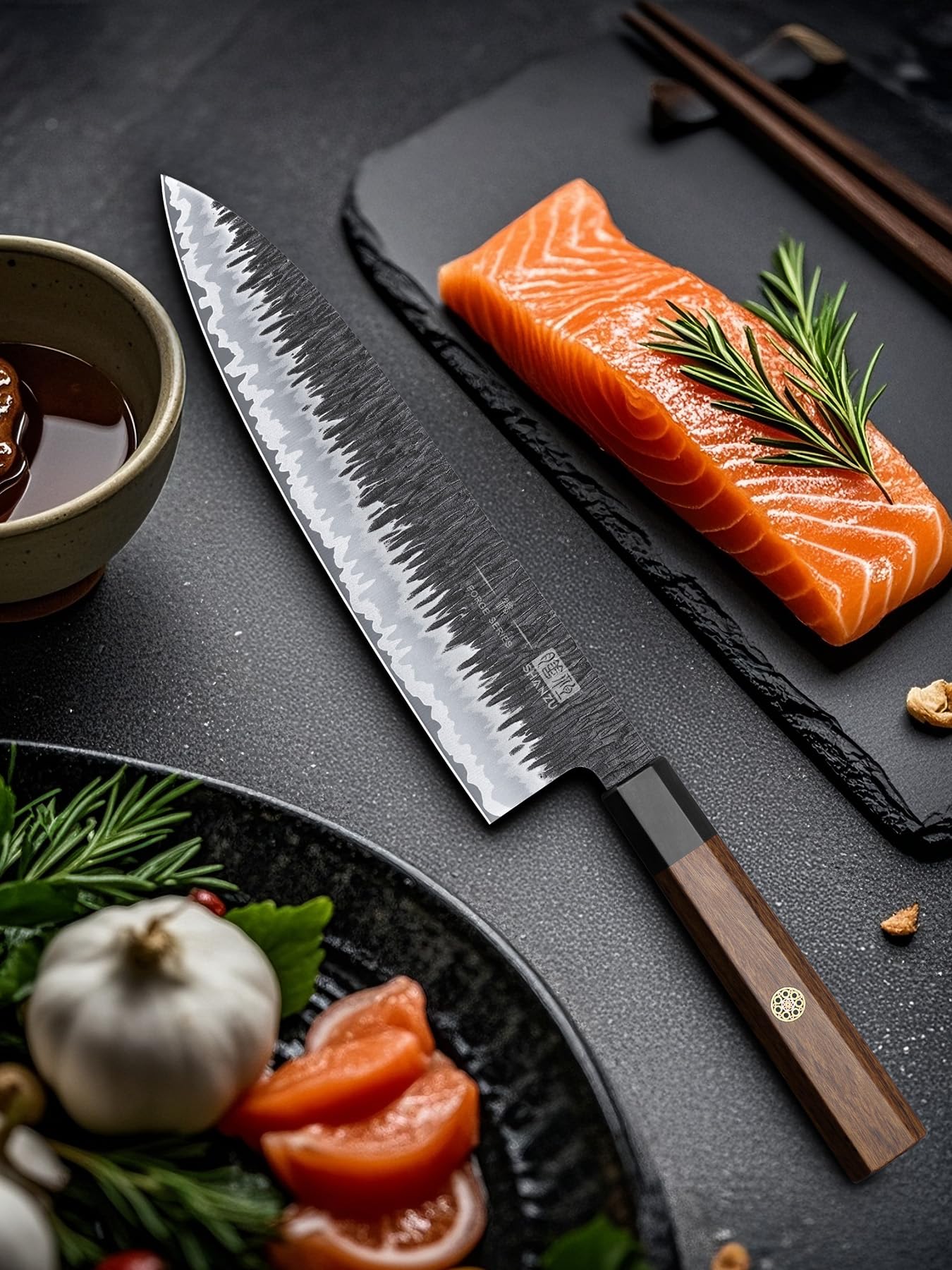 SHAN ZU 8-inch chef knife in action on a cutting board for smooth kitchen prep.