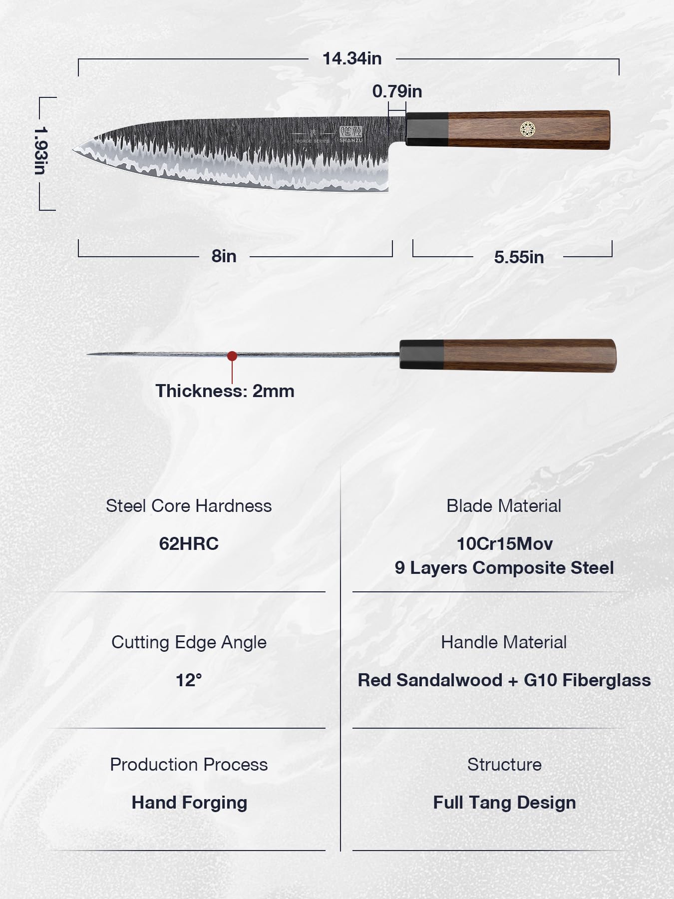 SHAN ZU 8-inch chef knife ergonomic rosewood handle with brass pin for secure grip.