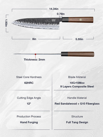 SHAN ZU 8-inch chef knife ergonomic rosewood handle with brass pin for secure grip.