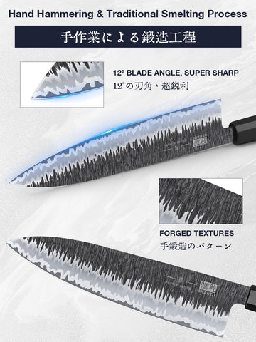 SHAN ZU 8-inch chef knife hammered texture highlighting artisan forging and durability.