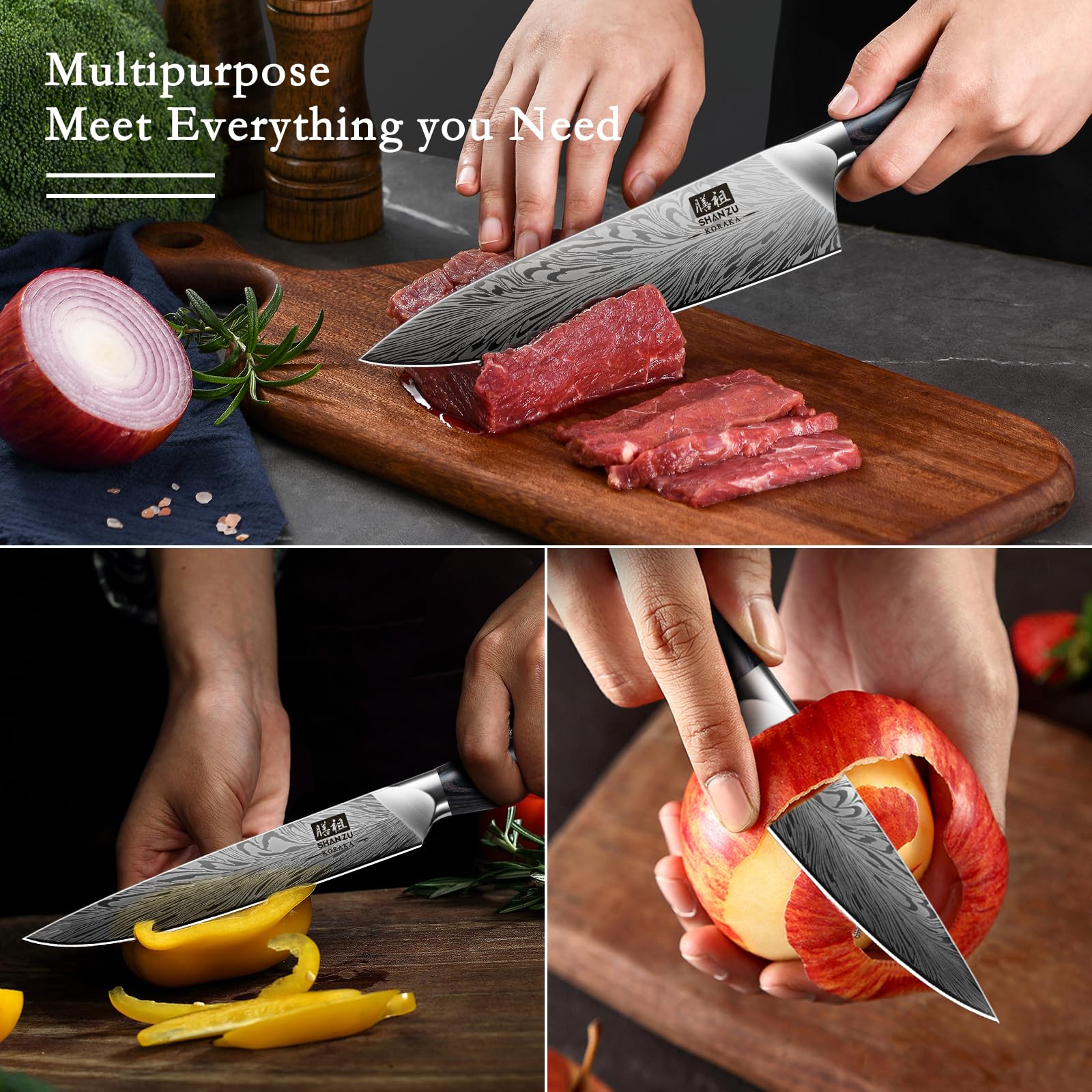 SHAN ZU chef knife in action, efficient for meats and vegetables.