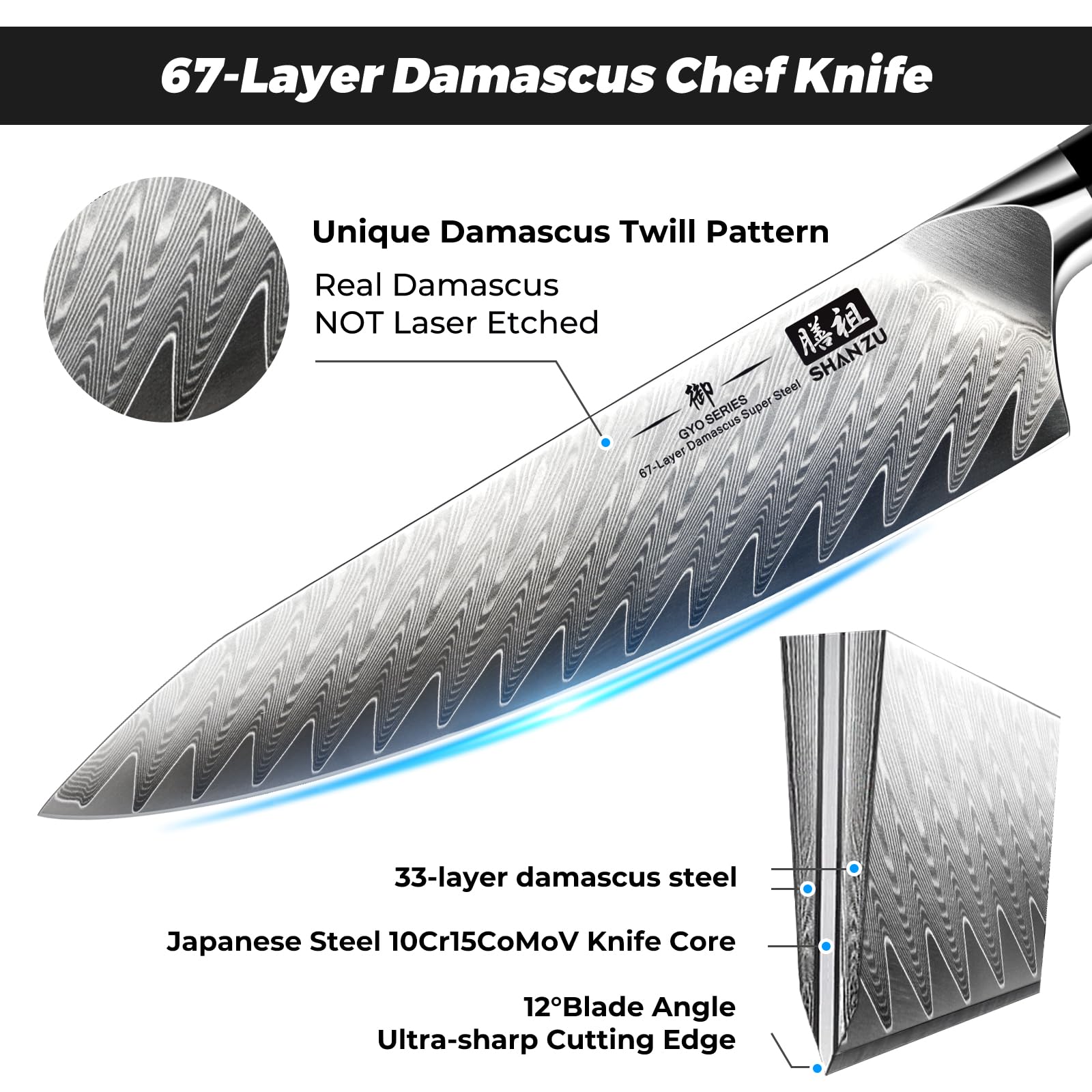 SHAN ZU Damascus 8-inch knife handle grip demonstrates ergonomic comfort for long prep sessions.