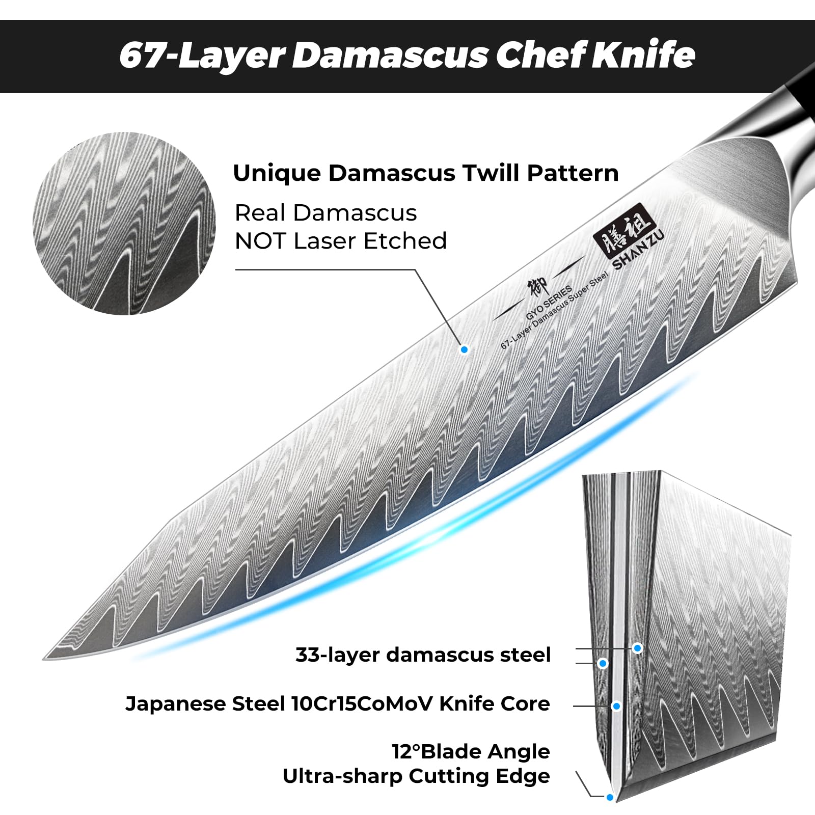 SHAN ZU 67-layer blade pattern highlights durability for kitchens.