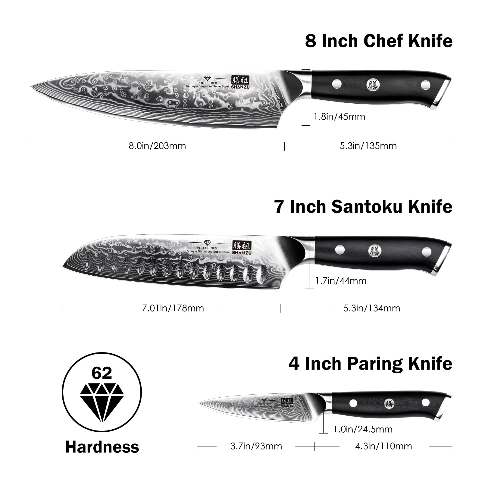 SHAN ZU Damascus knife set fully displayed for versatile kitchen prep