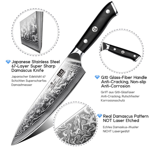 SHAN ZU Damascus handle close-up highlights comfortable G10 grip