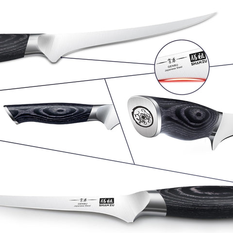 SHAN ZU Genbu knife edge close-up highlighting durable, long-lasting sharpness for fish prep.