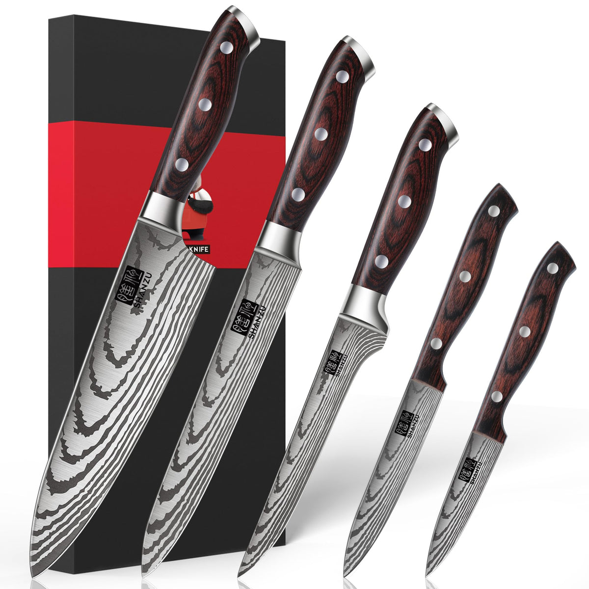SHAN ZU Japanese knife set blade close-up showing ultra-sharp edge for precise slicing.