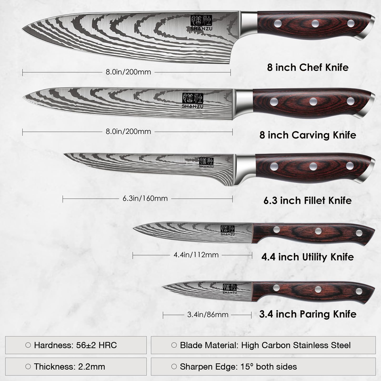 SHAN ZU knife set high-carbon blade with ergonomic pakkawood handle for comfortable balance.