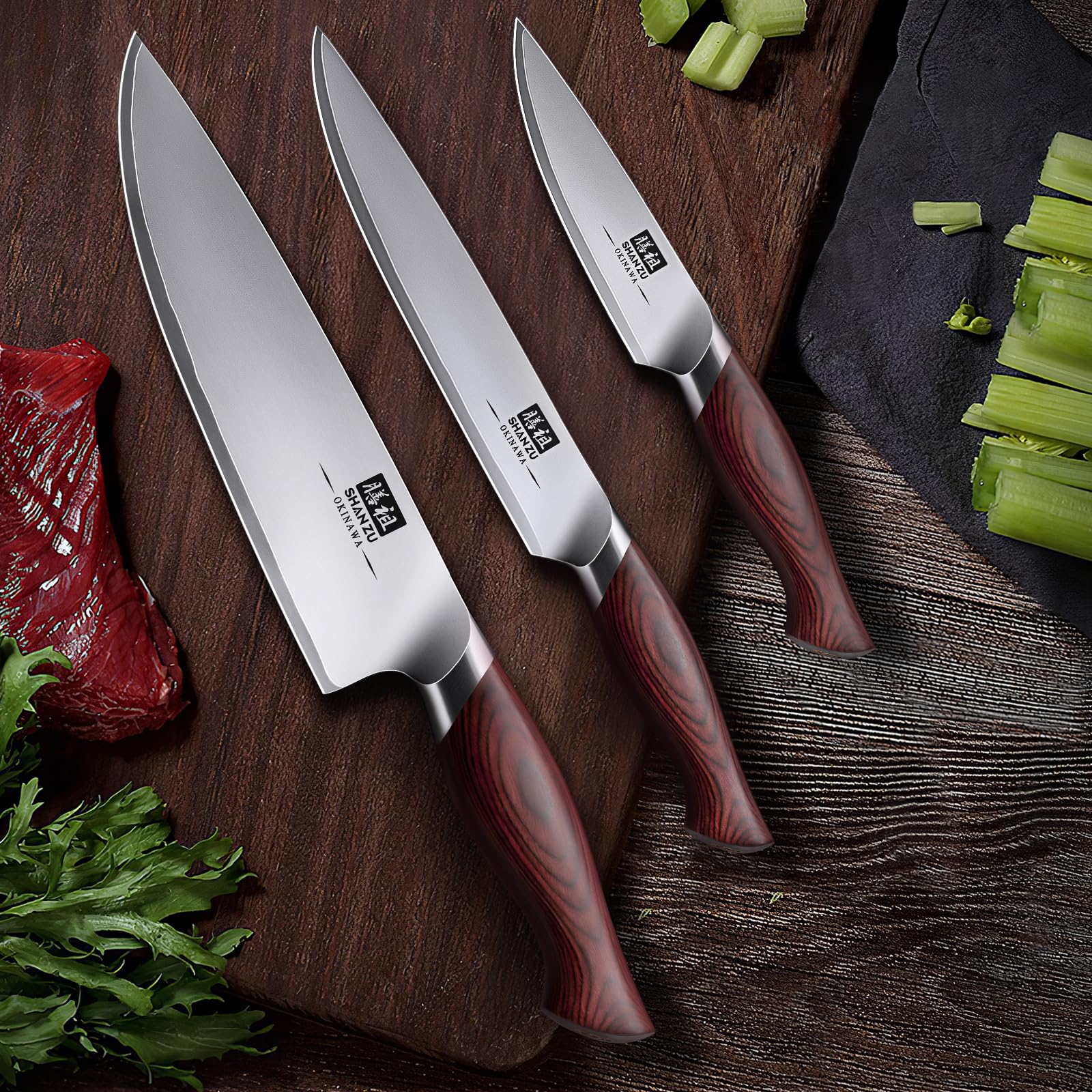 SHAN ZU ergonomic pakkawood handle shot illustrating secure grip.