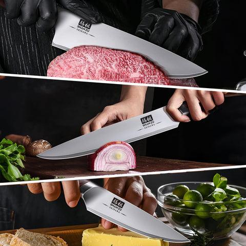 SHAN ZU 3-piece knife set in kitchen with vegetables and meat for versatile use.