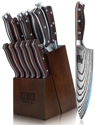 SHAN ZU knife set with block shows ultra sharp blades for versatile kitchen prep.