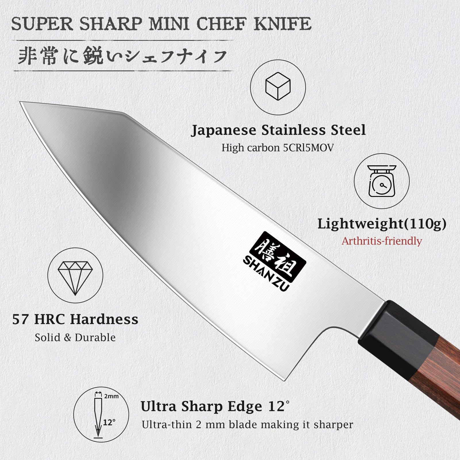 SHAN ZU mini-size chef knife in hand demonstrates ergonomic control