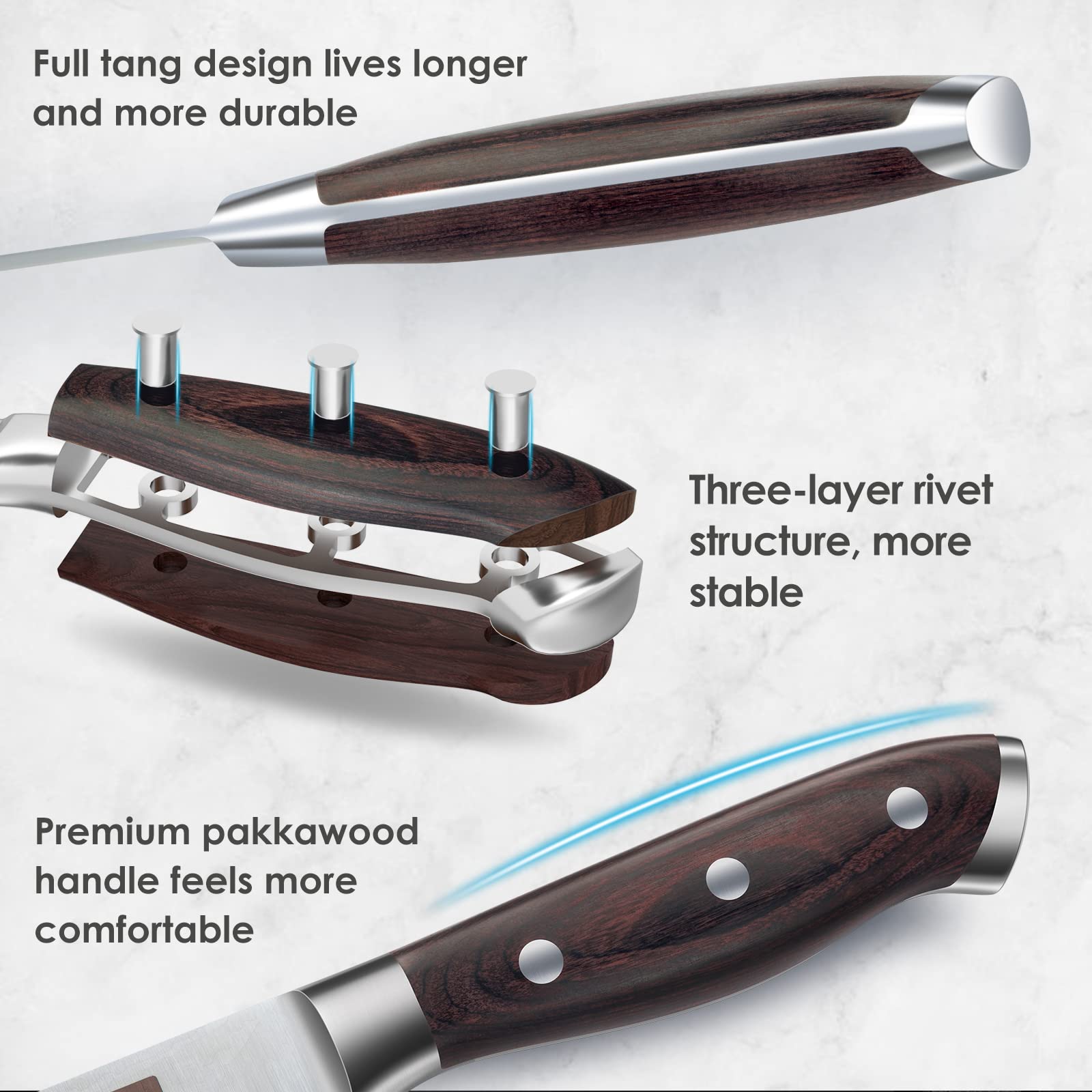 SHAN ZU Santoku with ergonomic handle offers comfortable long use.