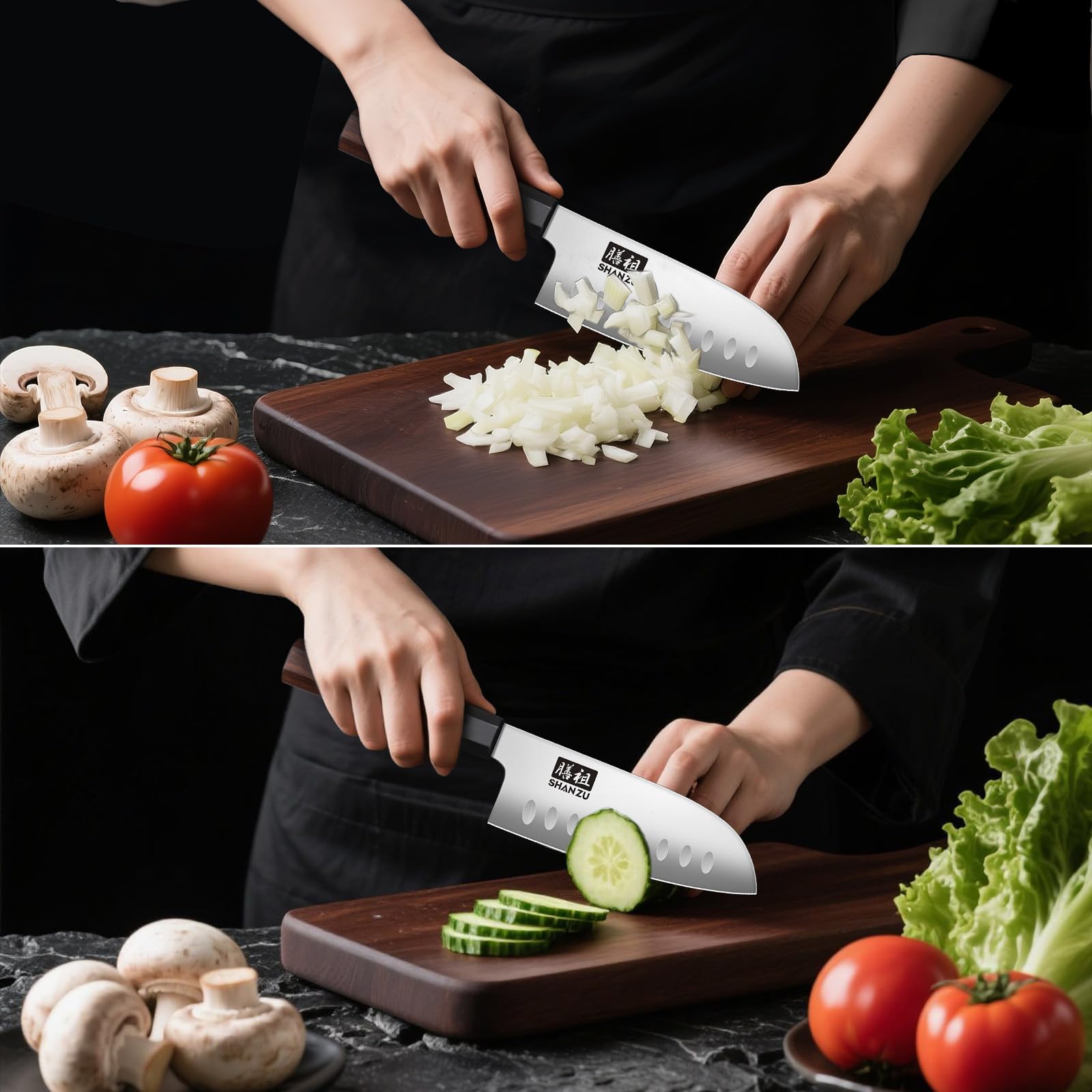 SHAN ZU santoku knife in kitchen setting shows versatile use