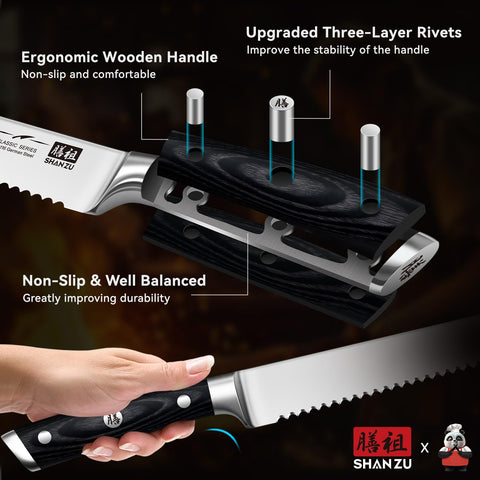 SHAN ZU serrated blade minimizes sticking for clean cuts
