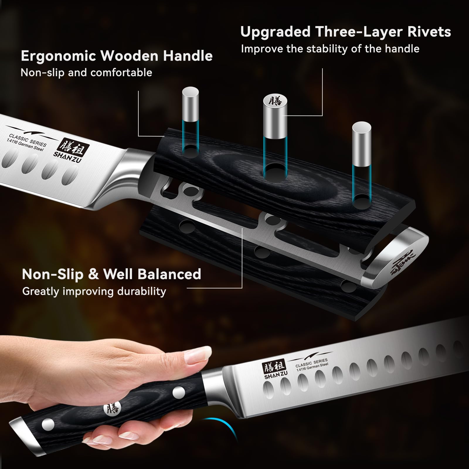 SHAN ZU slicing knife ergonomic wood handle delivering comfortable grip during prep.