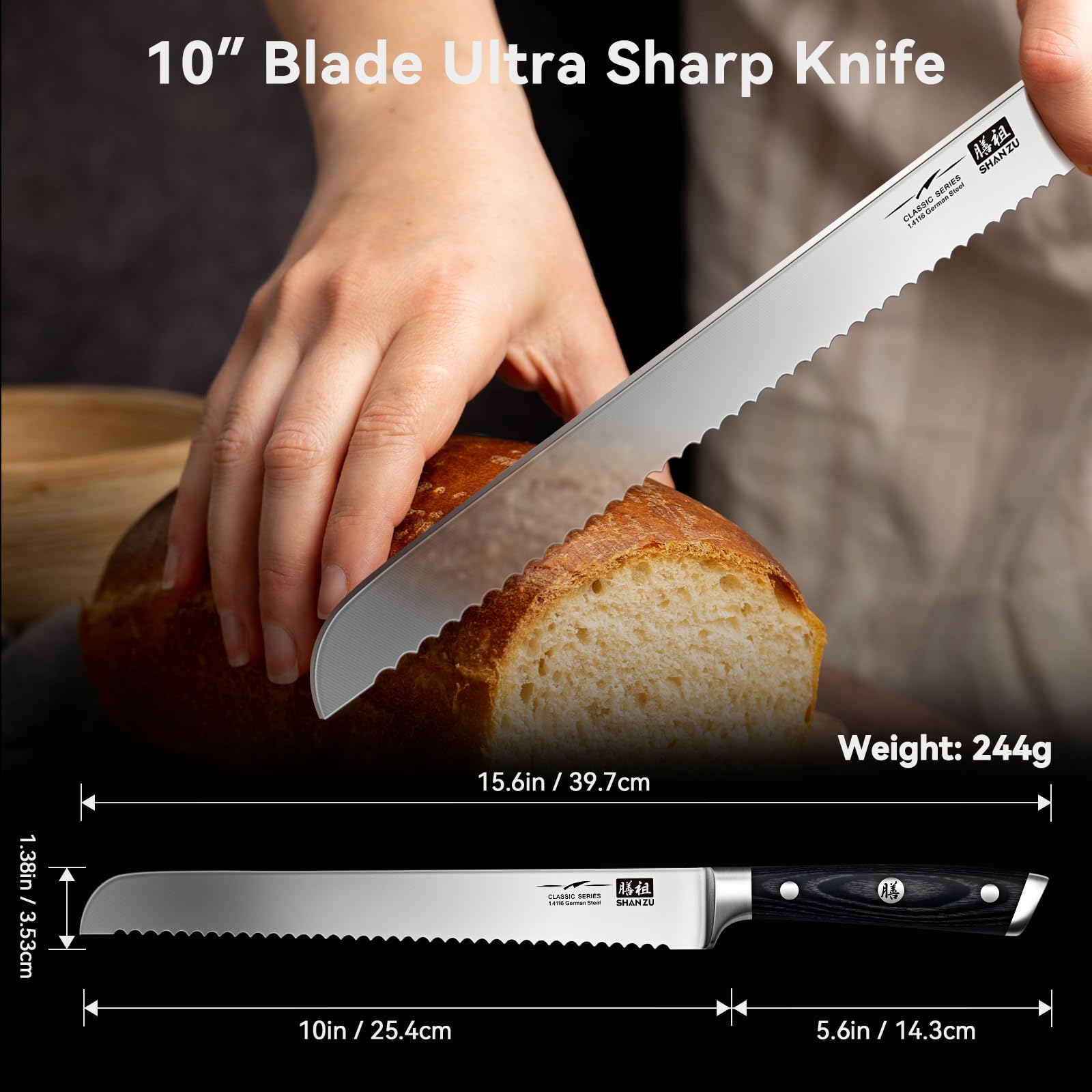 SHAN ZU sourdough slicing knife with ergonomic handle for comfortable cuts