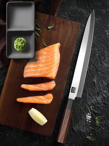 SHAN ZU 10 Inch Sushi Knife in action for cleanly sliced sashimi
