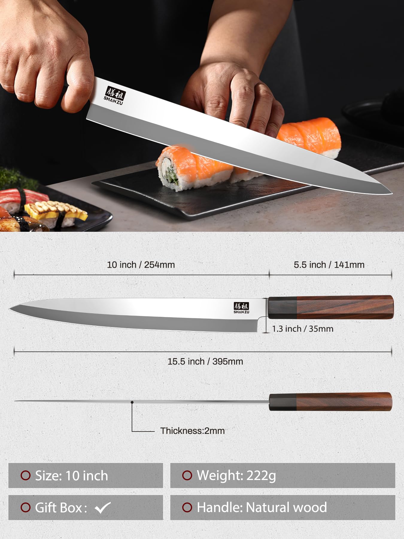 SHAN ZU ultra sharp edge emphasizes precise slicing for fish and sushi preparation