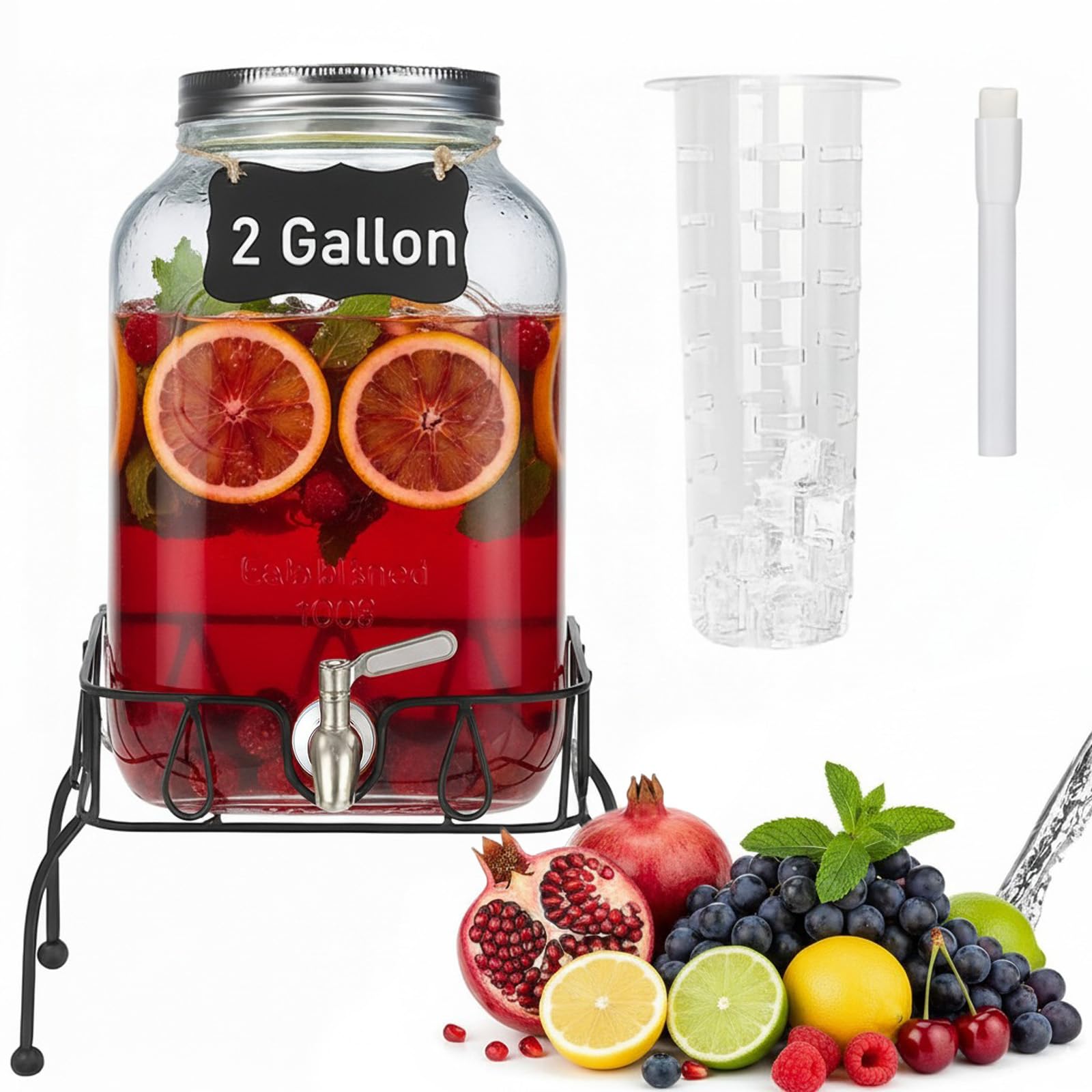 SHANDERBAR 2-Gallon Glass Dispenser on a sturdy stand for elegant party servings.