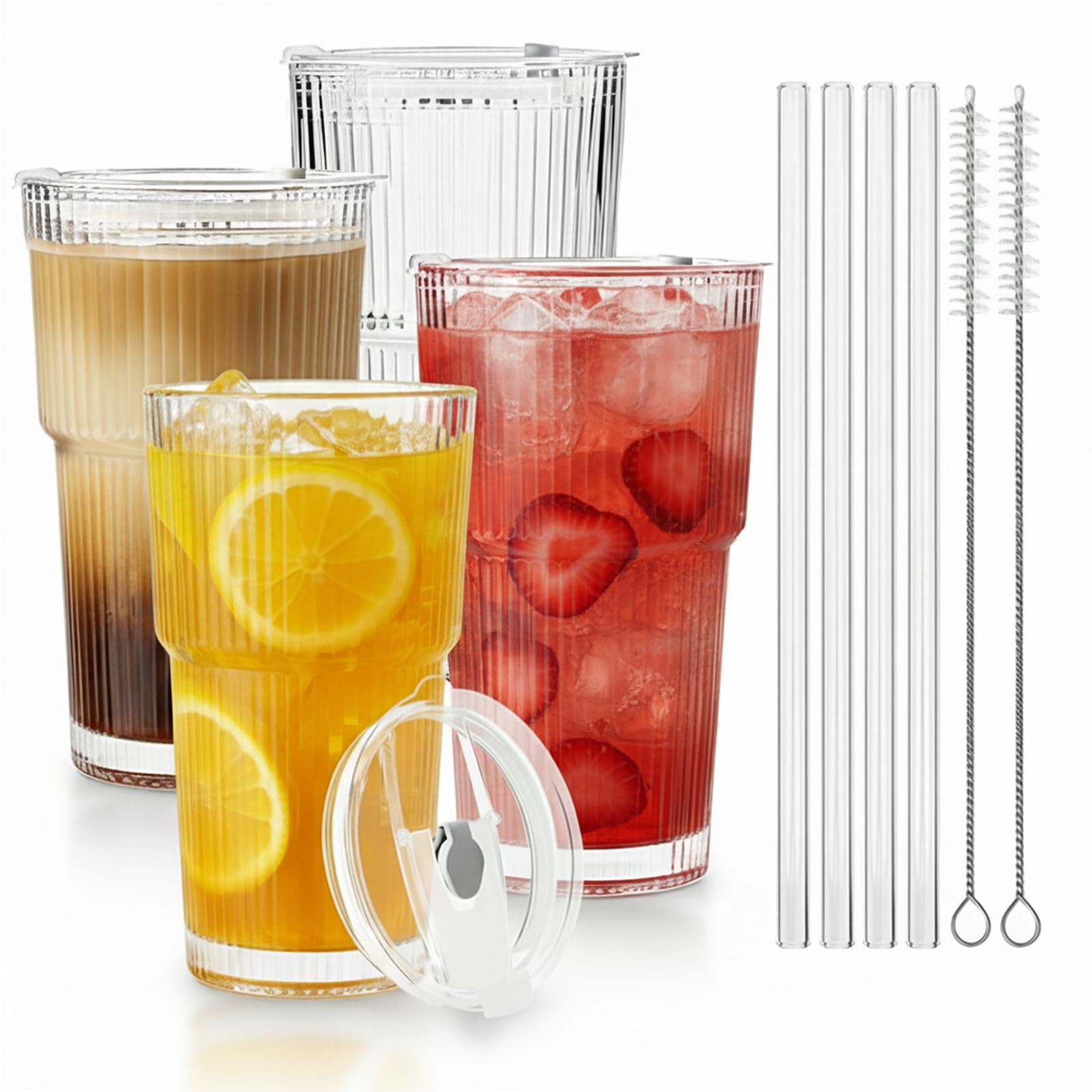 SHANDERBAR 20oz ribbed glass tumbler with lid and straw for spill-free daily use